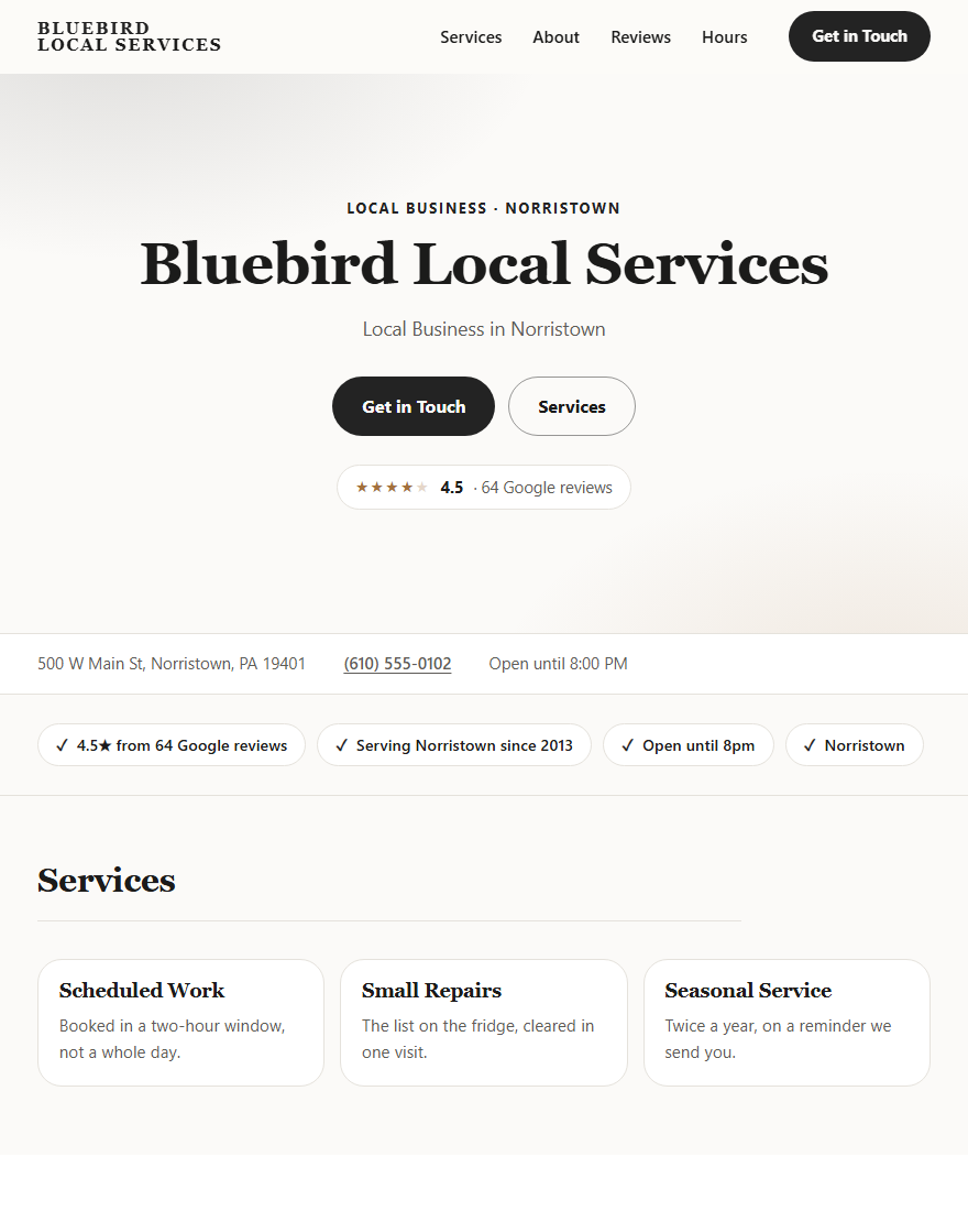 Home page of Bluebird Local Services, a demonstration local business site