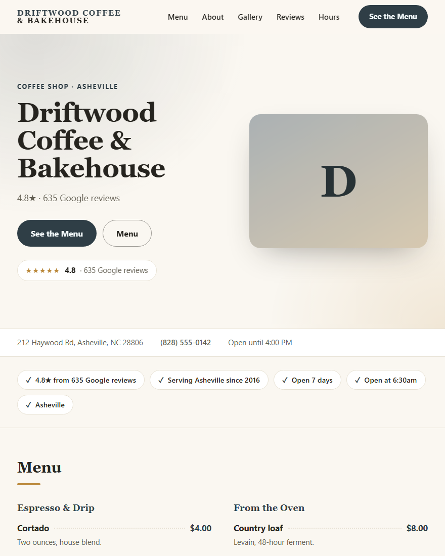 Home page of Driftwood Coffee & Bakehouse, a demonstration coffee shop site